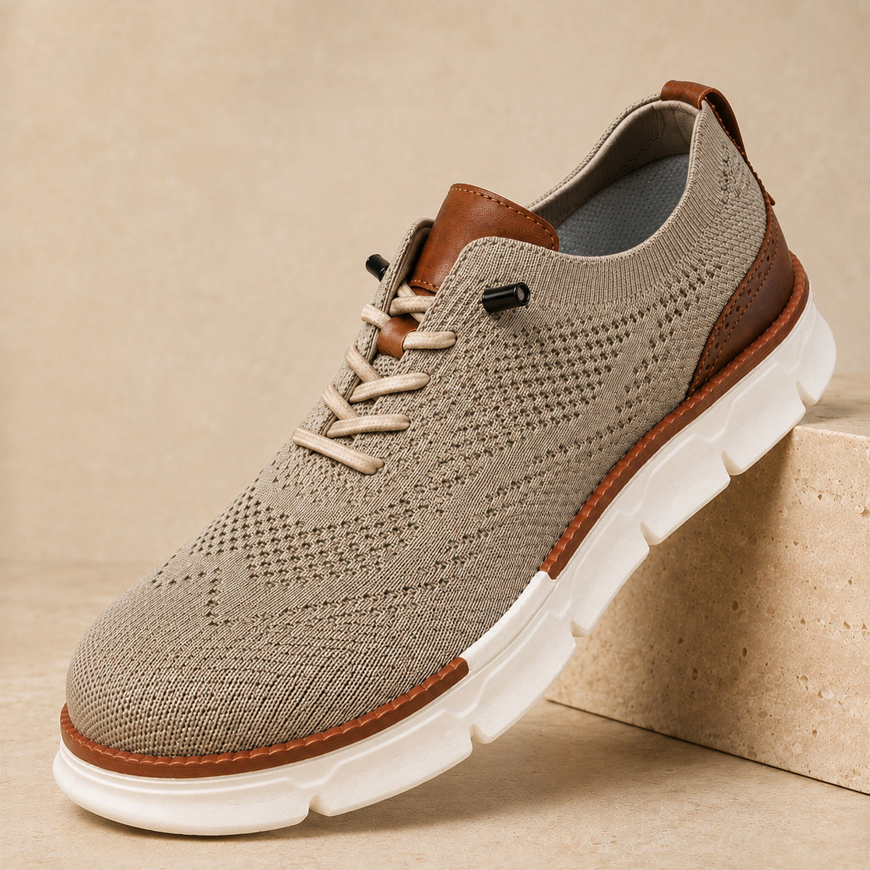 Khaki men's stretch-knit slip-on walking shoe product hero