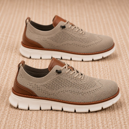 Pair of khaki men's breathable knit walking shoes