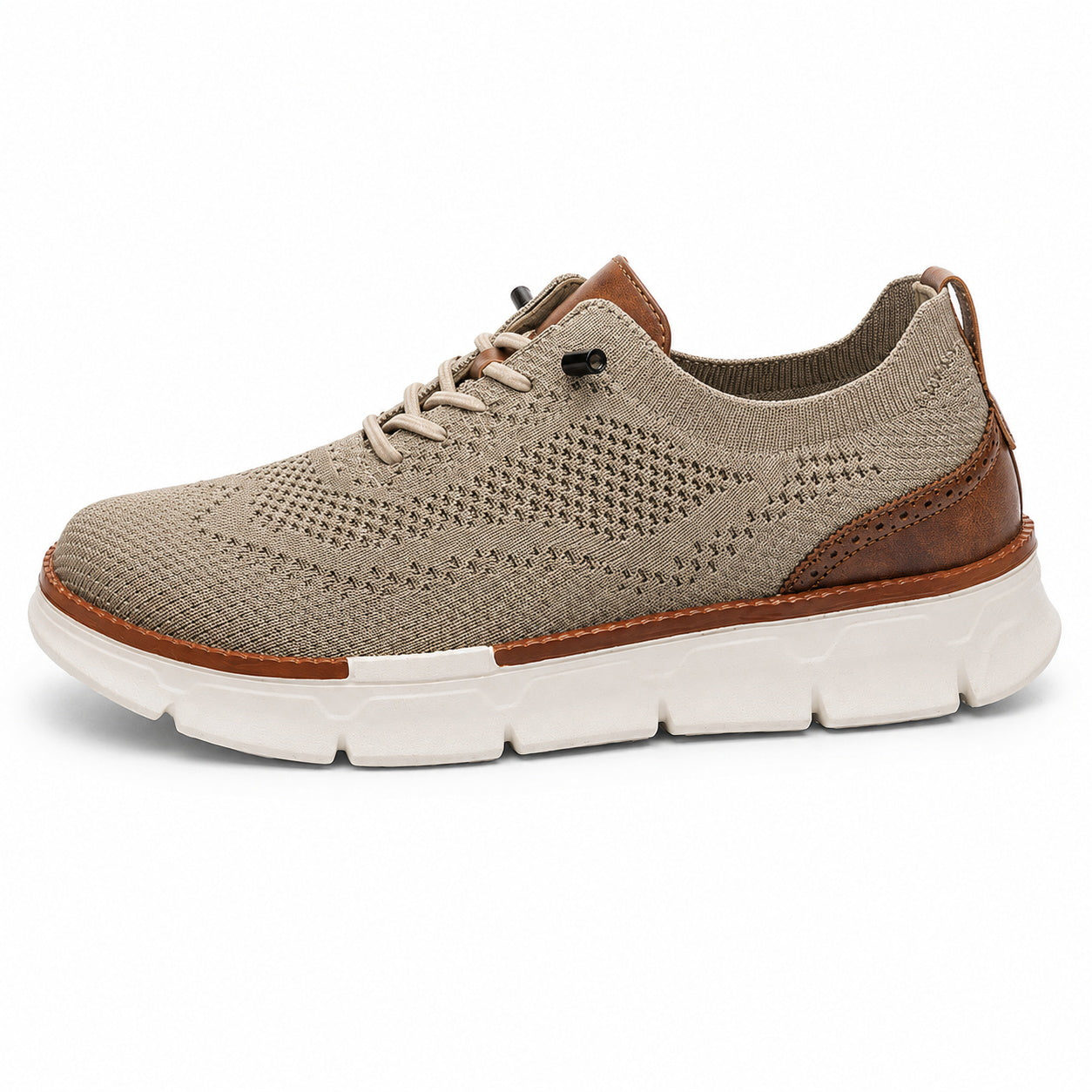 Khaki men's breathable stretch-knit slip-on walking shoe side view on white