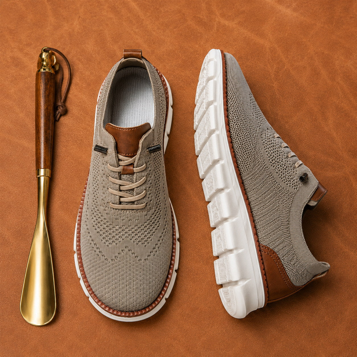 Khaki stretch-knit walking shoes top and side views