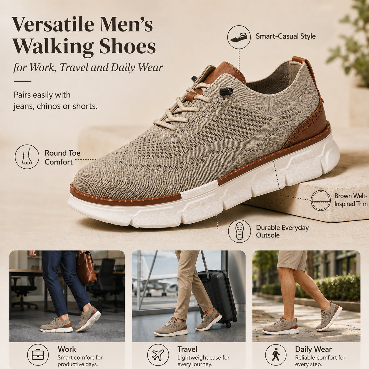 Men's khaki knit walking shoes for work travel and daily wear