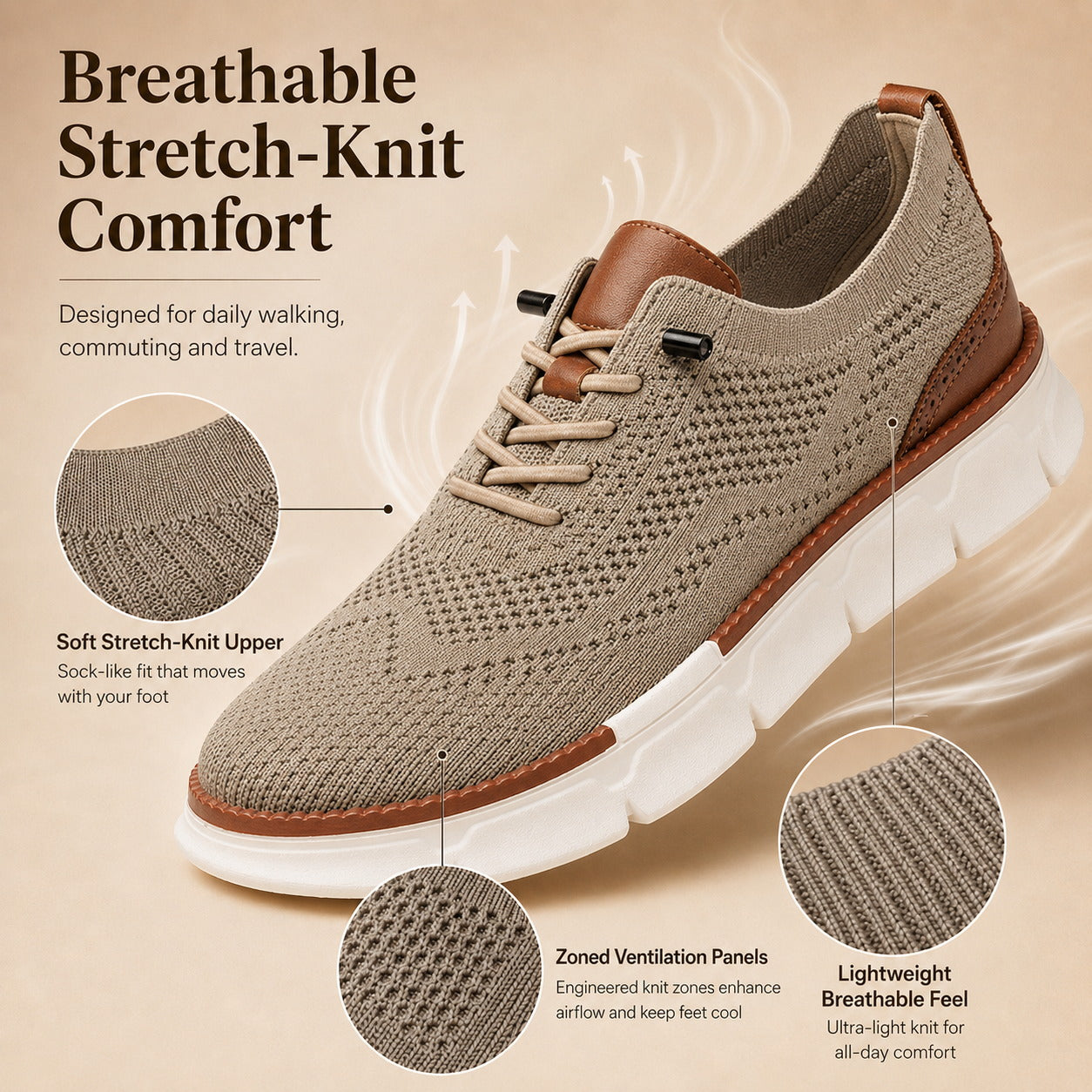 Breathable stretch-knit upper details on khaki men's walking shoe
