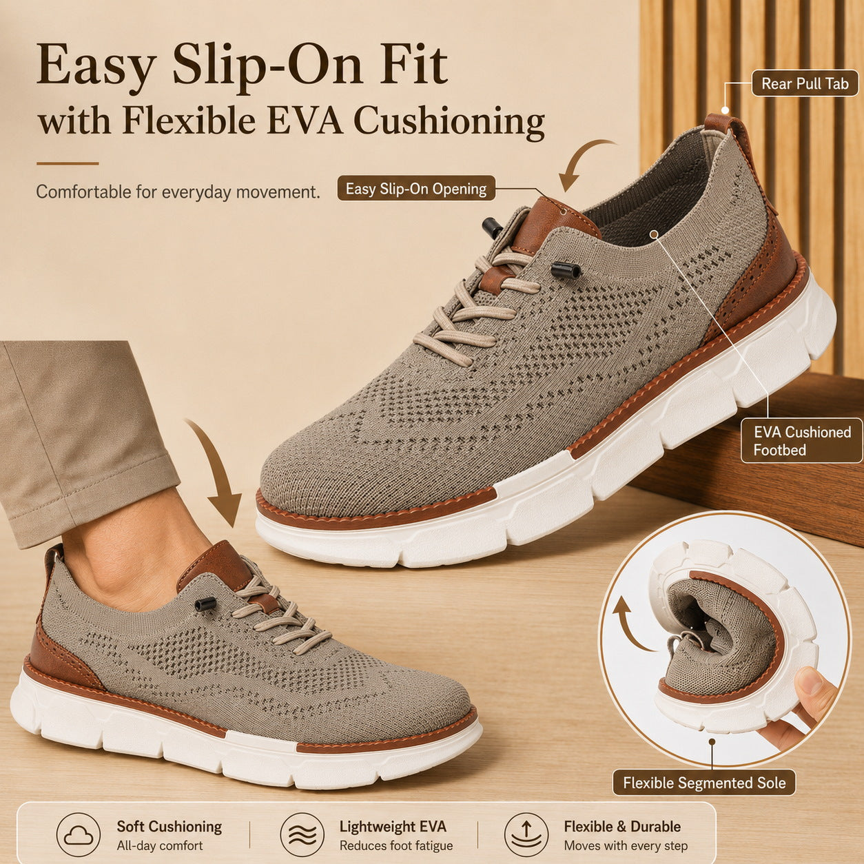 Easy slip-on fit and flexible EVA cushioning details