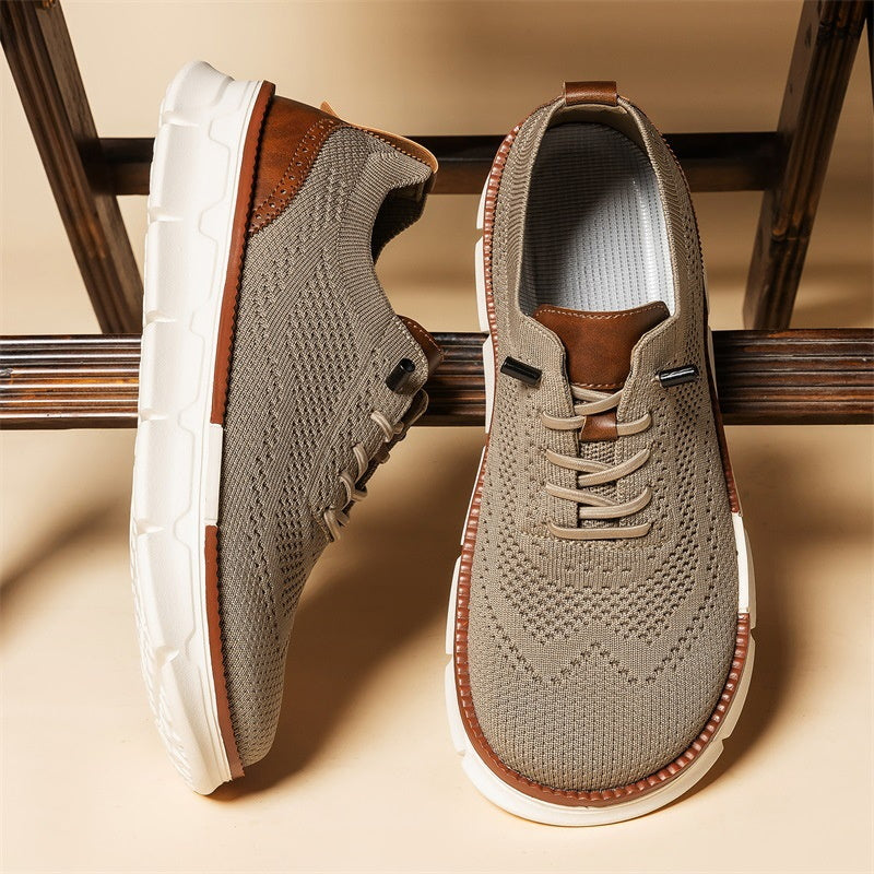 Khaki men's knit slip-on walking shoes top and side views