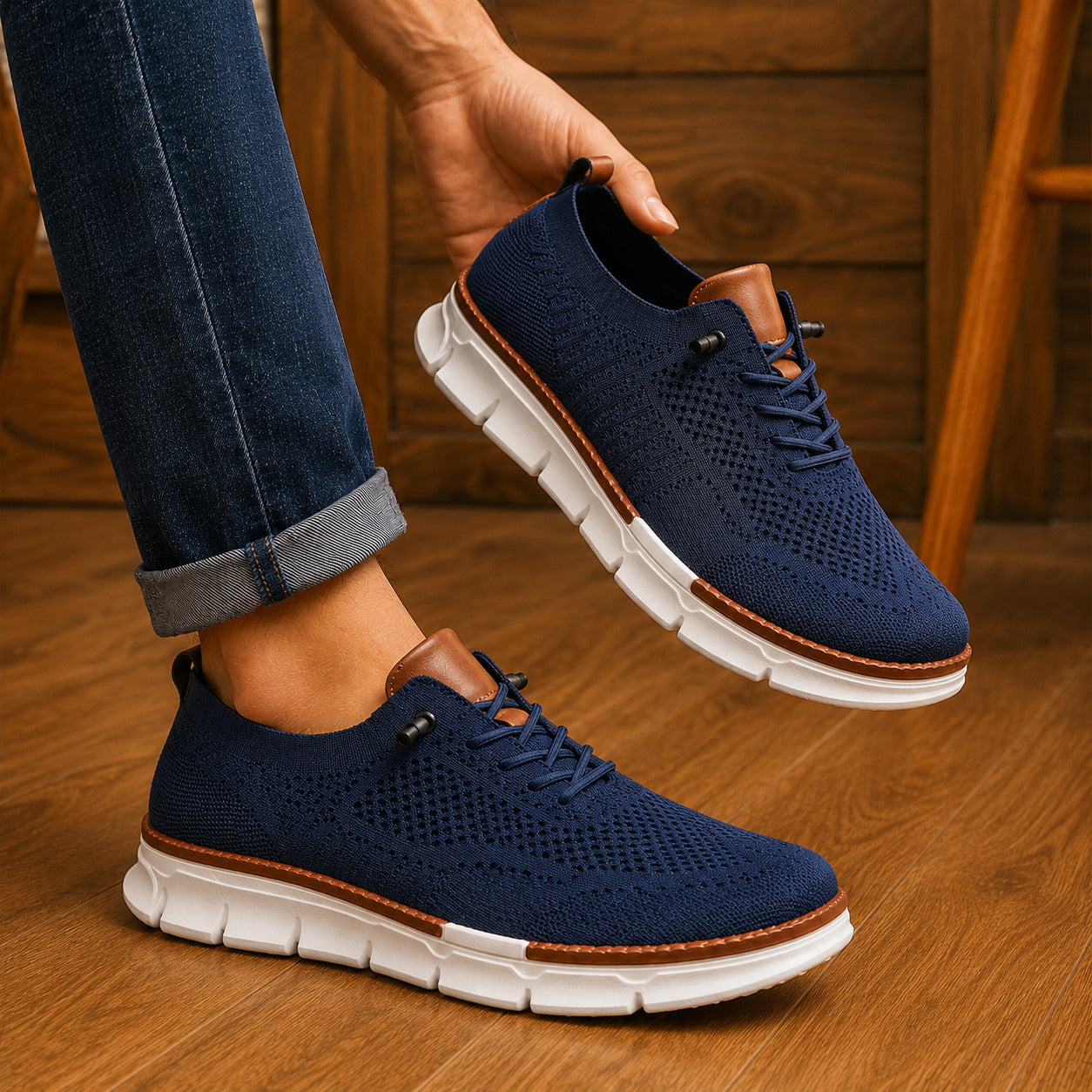 Navy men's slip-on walking shoes shown in everyday wear