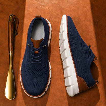 Navy stretch-knit walking shoes top and side views