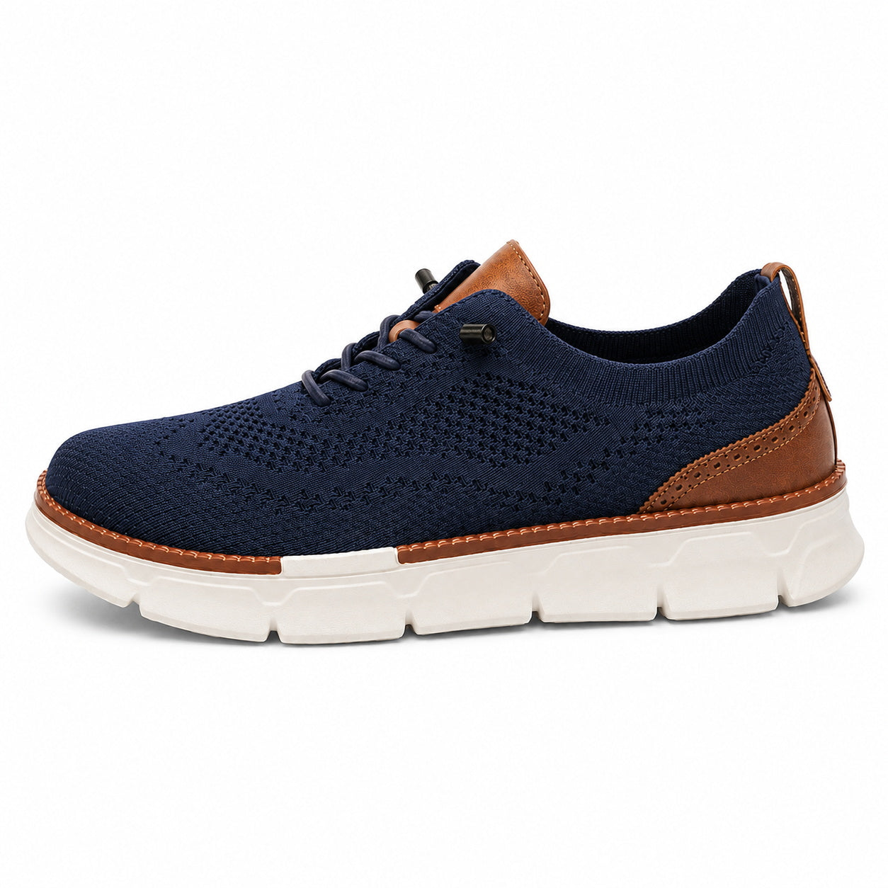 Navy men's breathable stretch-knit slip-on walking shoe side view on white