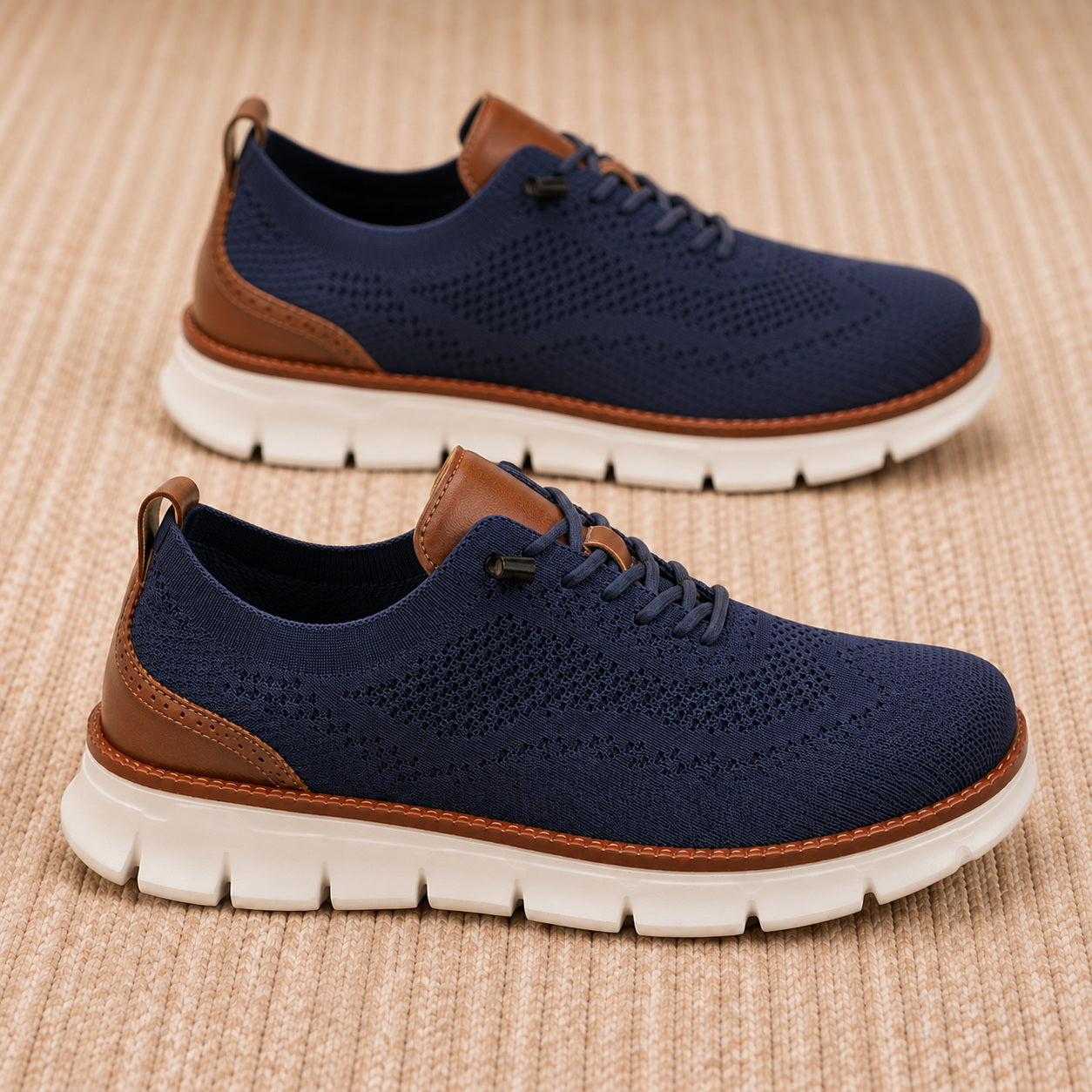 Pair of navy men's breathable knit walking shoes