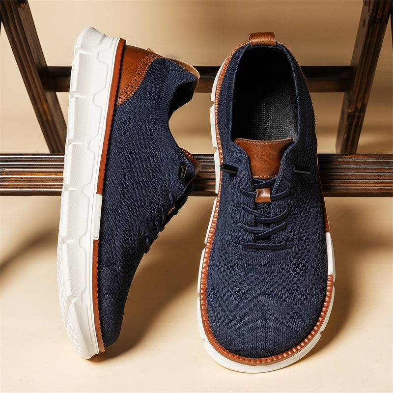 Navy men's knit slip-on walking shoes top and side views