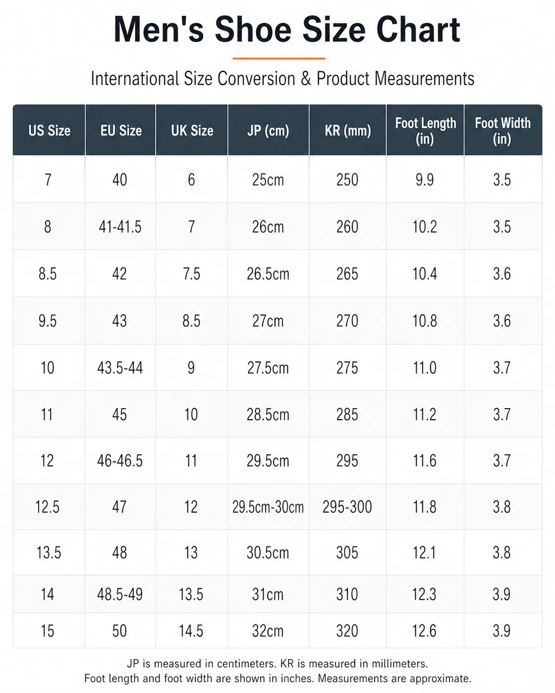 Men's walking shoes US and EU size chart