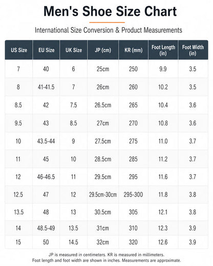 Men's walking shoes US and EU size chart