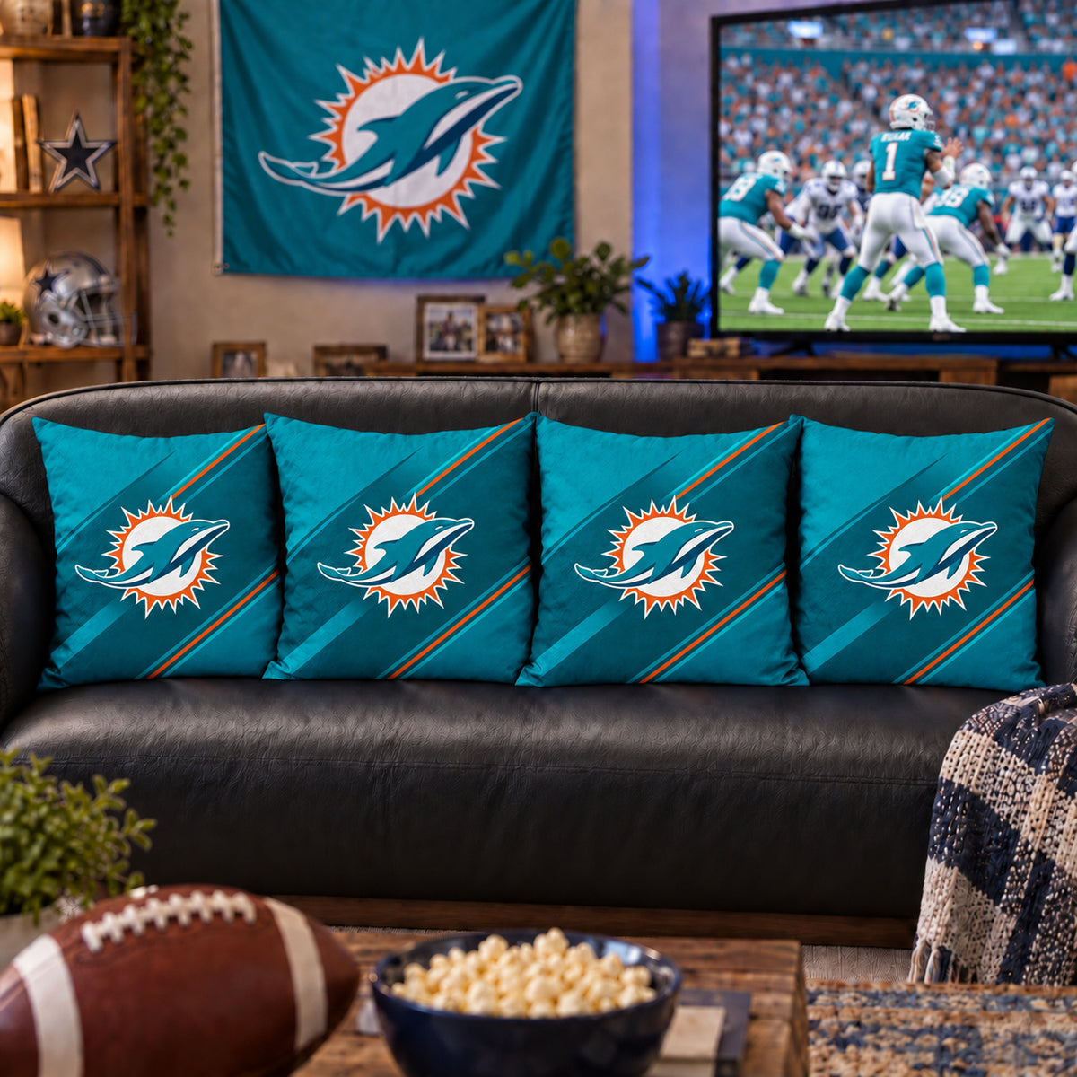 Matching Miami Dolphins sofa cushion covers shown in a living-room styling example