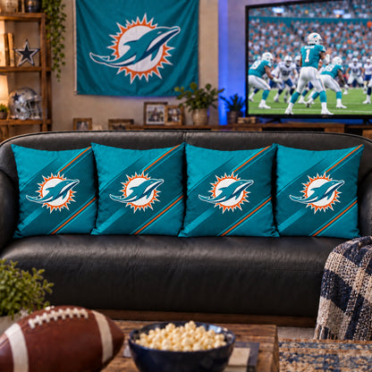 Matching Miami Dolphins sofa cushion covers shown in a living-room styling example