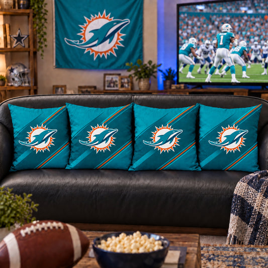 Matching Miami Dolphins sofa cushion covers shown in a living-room styling example