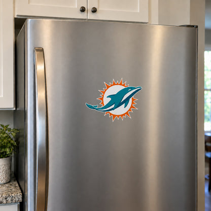 Miami Dolphins decorative sticker displayed on a stainless-steel refrigerator