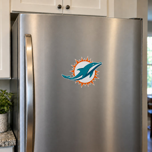 Miami Dolphins decorative sticker displayed on a stainless-steel refrigerator