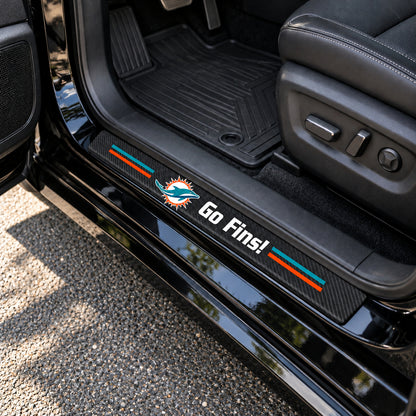 Miami Dolphins carbon fiber texture car door sill protector strips installed on a black car
