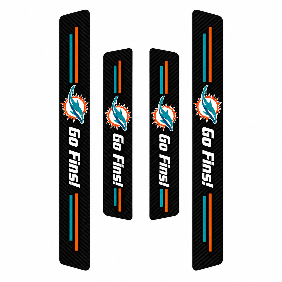 Miami Dolphins car door sill protector strips — four-piece product layout