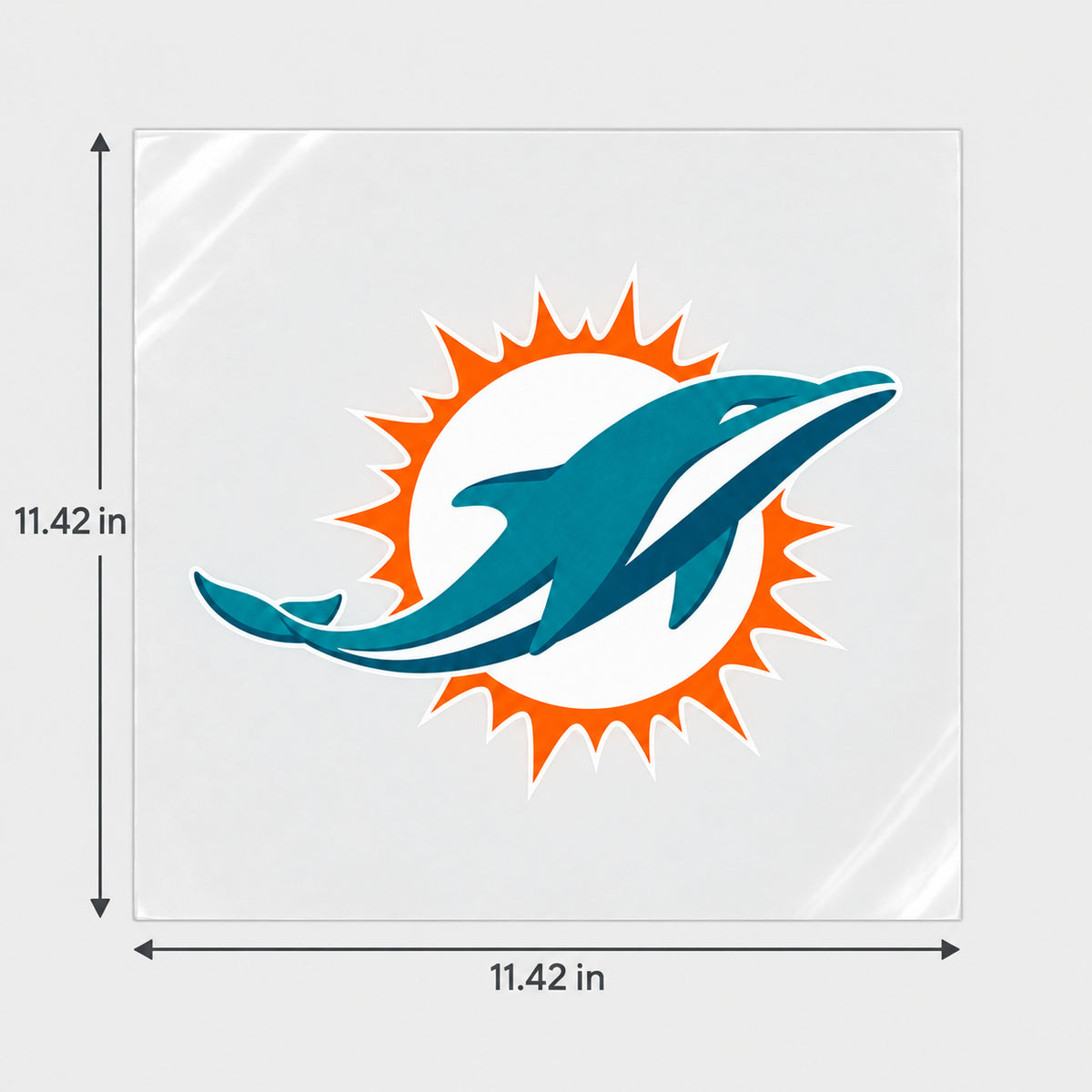 Miami Dolphins decorative sticker displayed on clear film with size markings