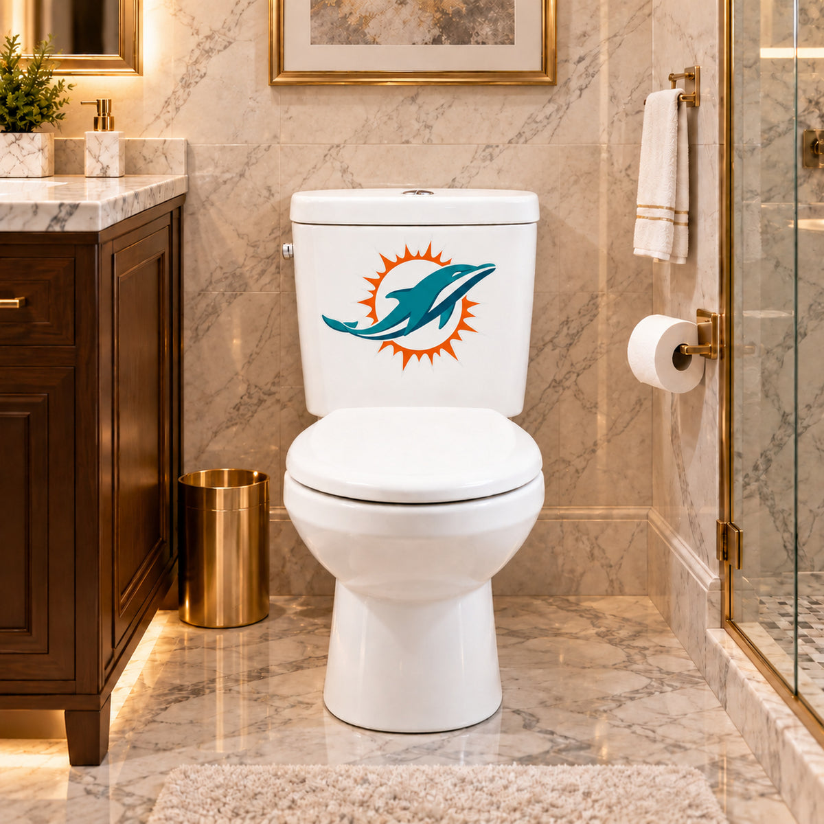 Miami Dolphins decorative sticker on a white toilet tank in a marble bathroom