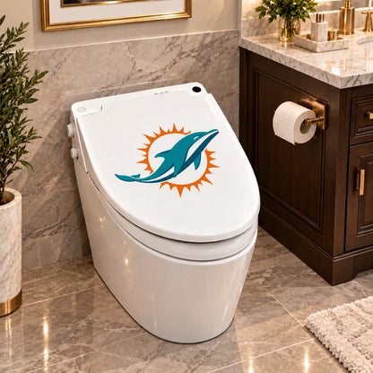 Miami Dolphins decorative sticker on a closed white toilet lid in a marble bathroom