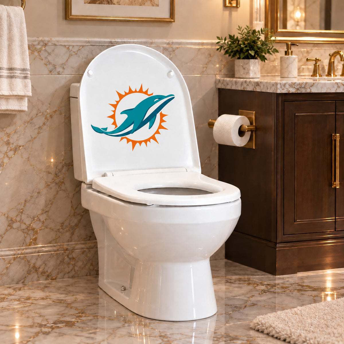 Miami Dolphins decorative sticker on the inside of a white toilet lid in a marble bathroom