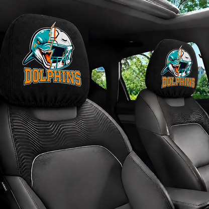 Miami Dolphins car headrest cover, Style 2 illustrated mascot design, installed in car