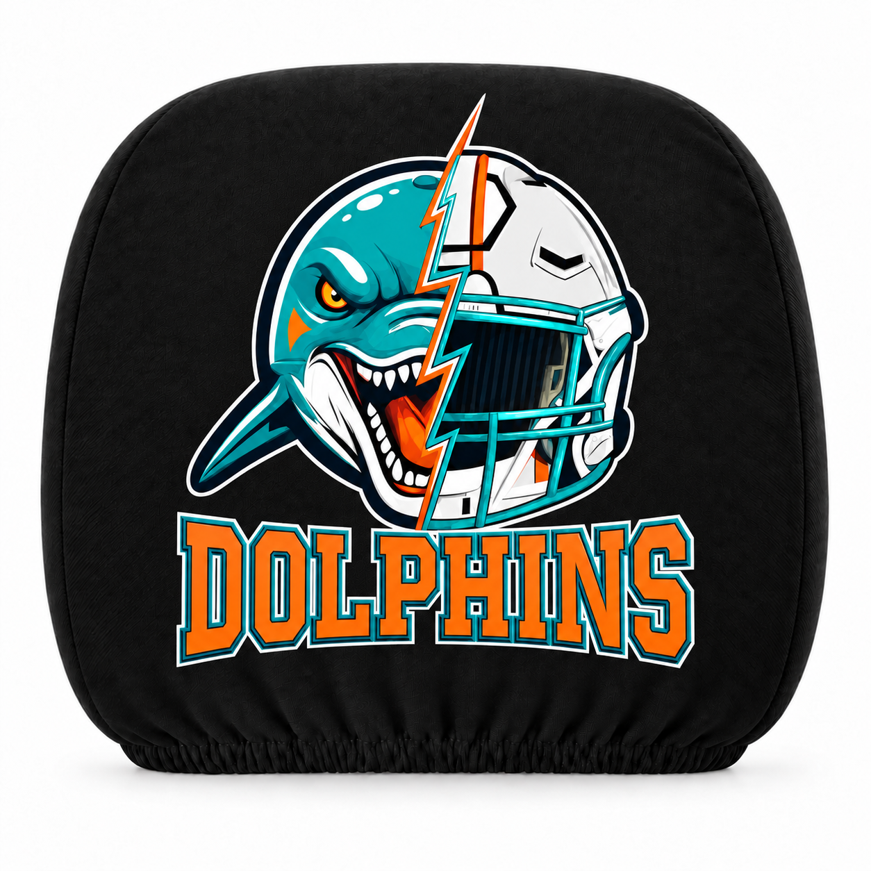 Miami Dolphins car headrest cover, Style 2 illustrated mascot design, white background