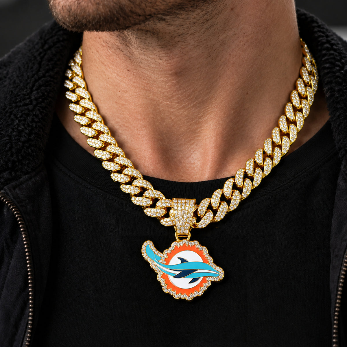 Miami Dolphins gold-tone rhinestone Cuban-link necklace, worn view