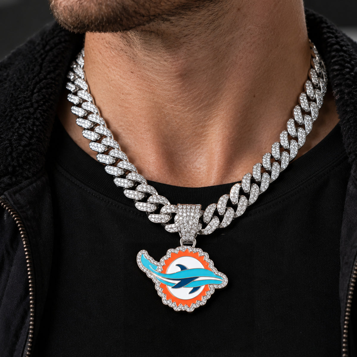 Miami Dolphins silver-tone rhinestone Cuban-link necklace, worn view