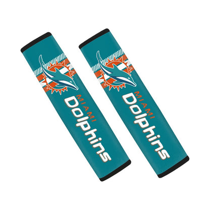 Pair of Miami Dolphins seat belt and backpack shoulder strap covers on a white background