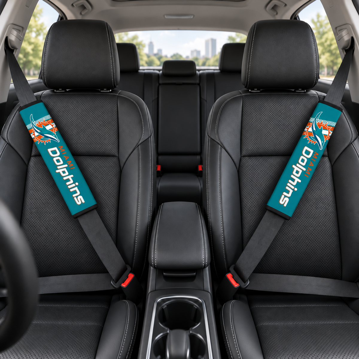 Miami Dolphins car seat belt covers shown on two front seat belts