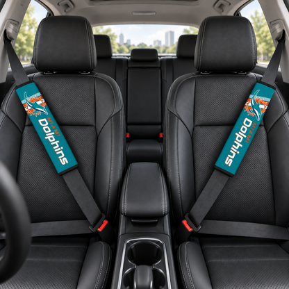 Miami Dolphins car seat belt covers shown on two front seat belts