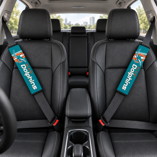 Miami Dolphins car seat belt covers shown on two front seat belts