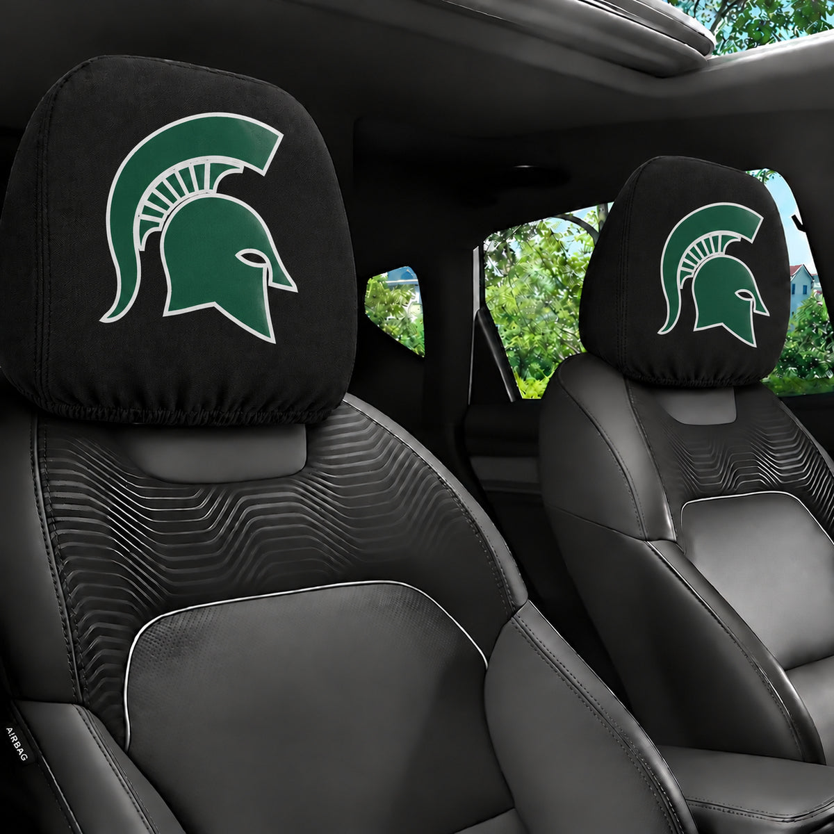Michigan State Spartans car headrest cover, Style 1 team design, installed in car