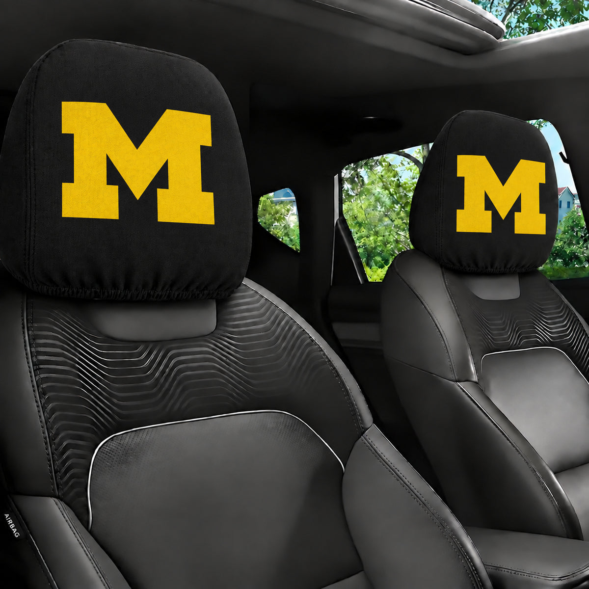 Michigan Wolverines car headrest cover, Style 1 team design, installed in car