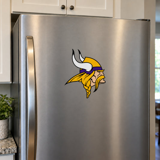 Minnesota Vikings decorative sticker displayed on a stainless-steel refrigerator