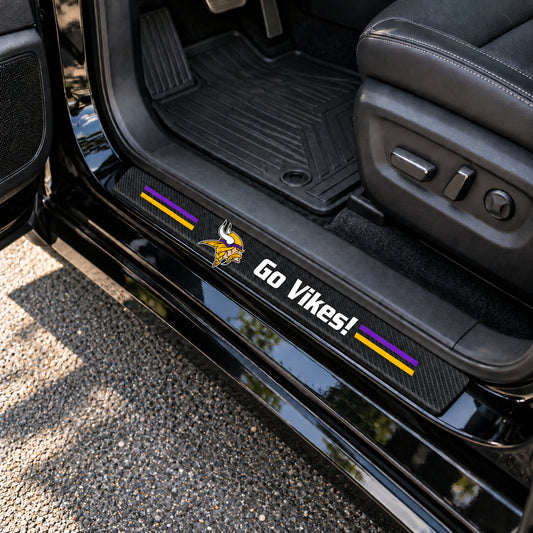 Minnesota Vikings carbon fiber texture car door sill protector strips installed on a black car