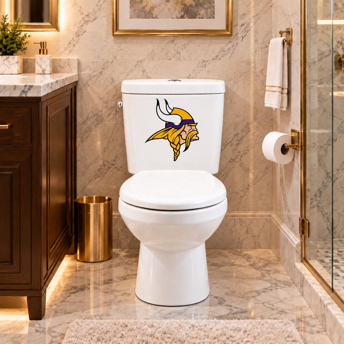Minnesota Vikings decorative sticker on a white toilet tank in a marble bathroom