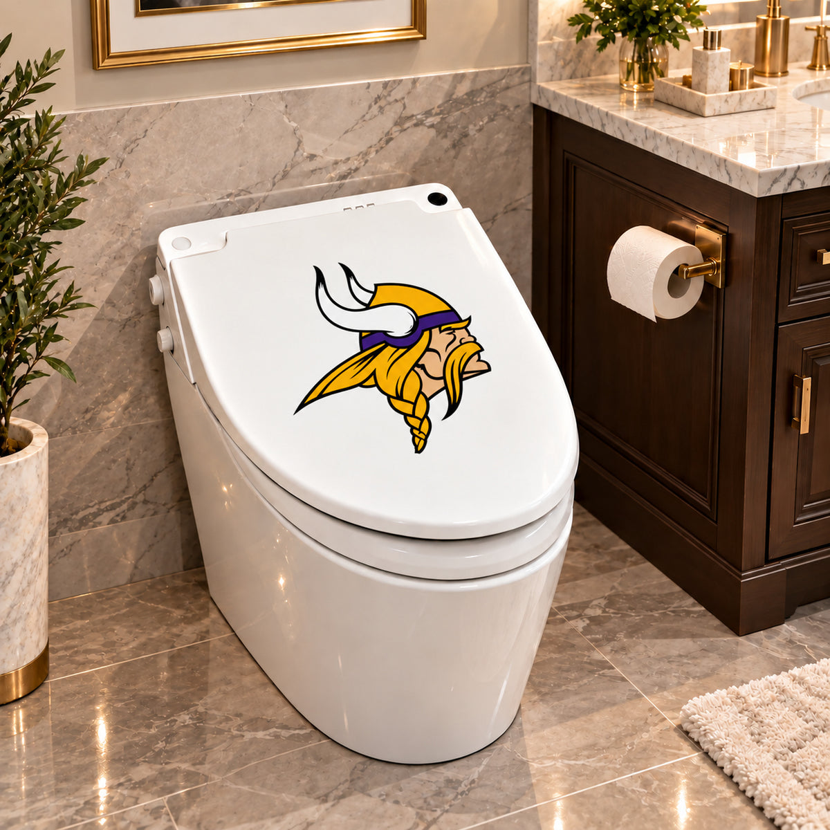 Minnesota Vikings decorative sticker on a closed white toilet lid in a marble bathroom