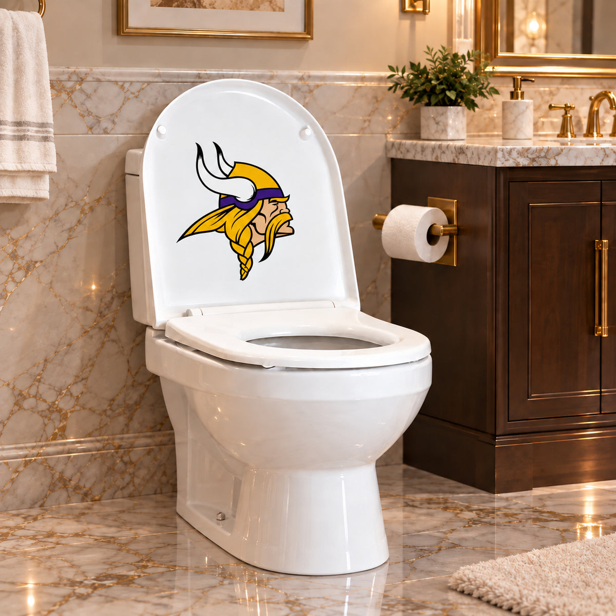 Minnesota Vikings decorative sticker on the inside of a white toilet lid in a marble bathroom
