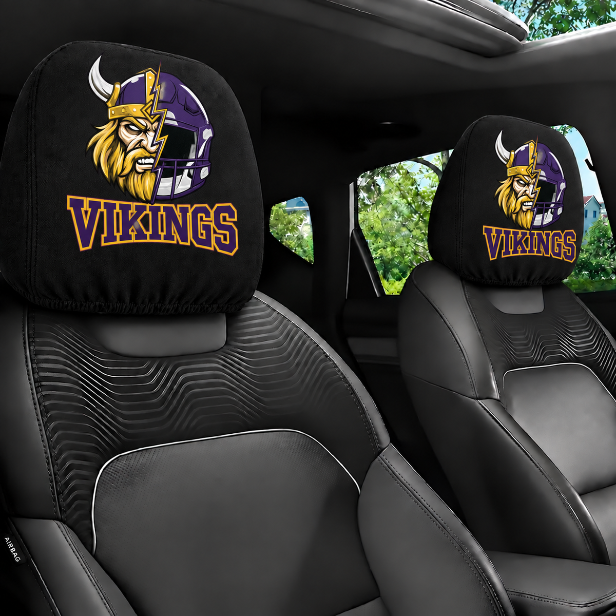 Minnesota Vikings car headrest cover, Style 2 illustrated mascot design, installed in car