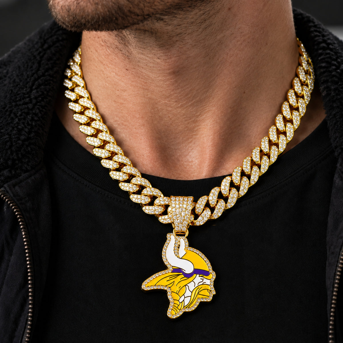 Minnesota Vikings gold-tone rhinestone Cuban-link necklace, worn view