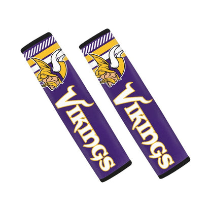 Pair of Minnesota Vikings seat belt and backpack shoulder strap covers on a white background