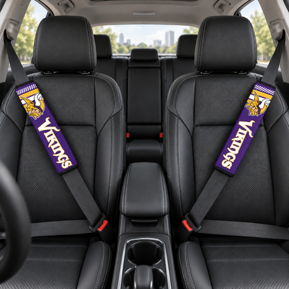 Minnesota Vikings car seat belt covers shown on two front seat belts