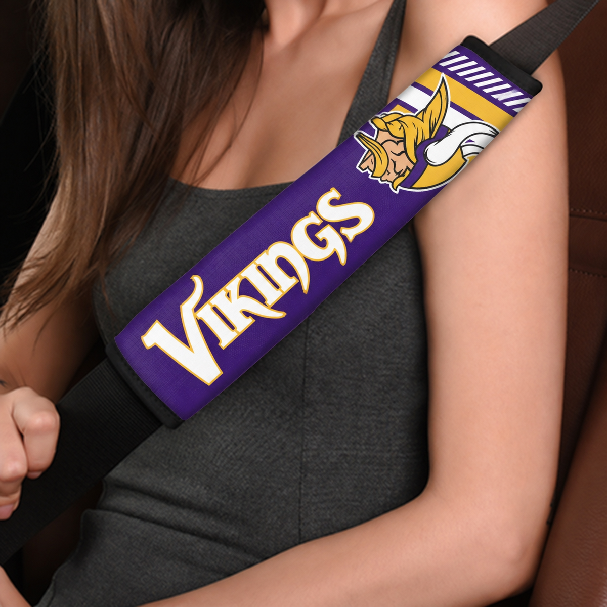 Close-up of Minnesota Vikings shoulder strap cover worn on a car seat belt
