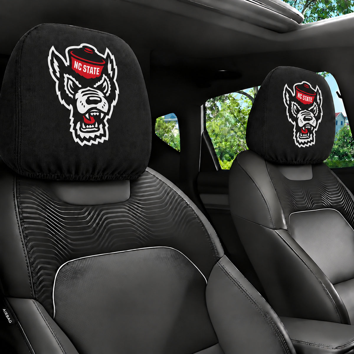 NC State Wolfpack car headrest cover, Style 1 team design, installed in car