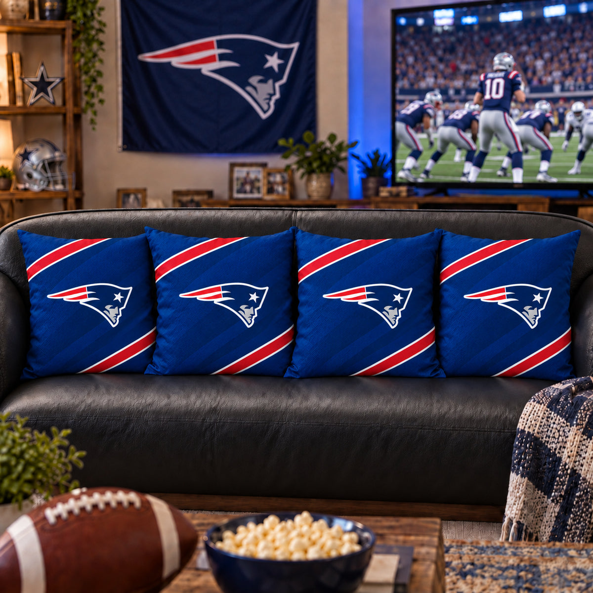 Matching New England Patriots sofa cushion covers shown in a living-room styling example
