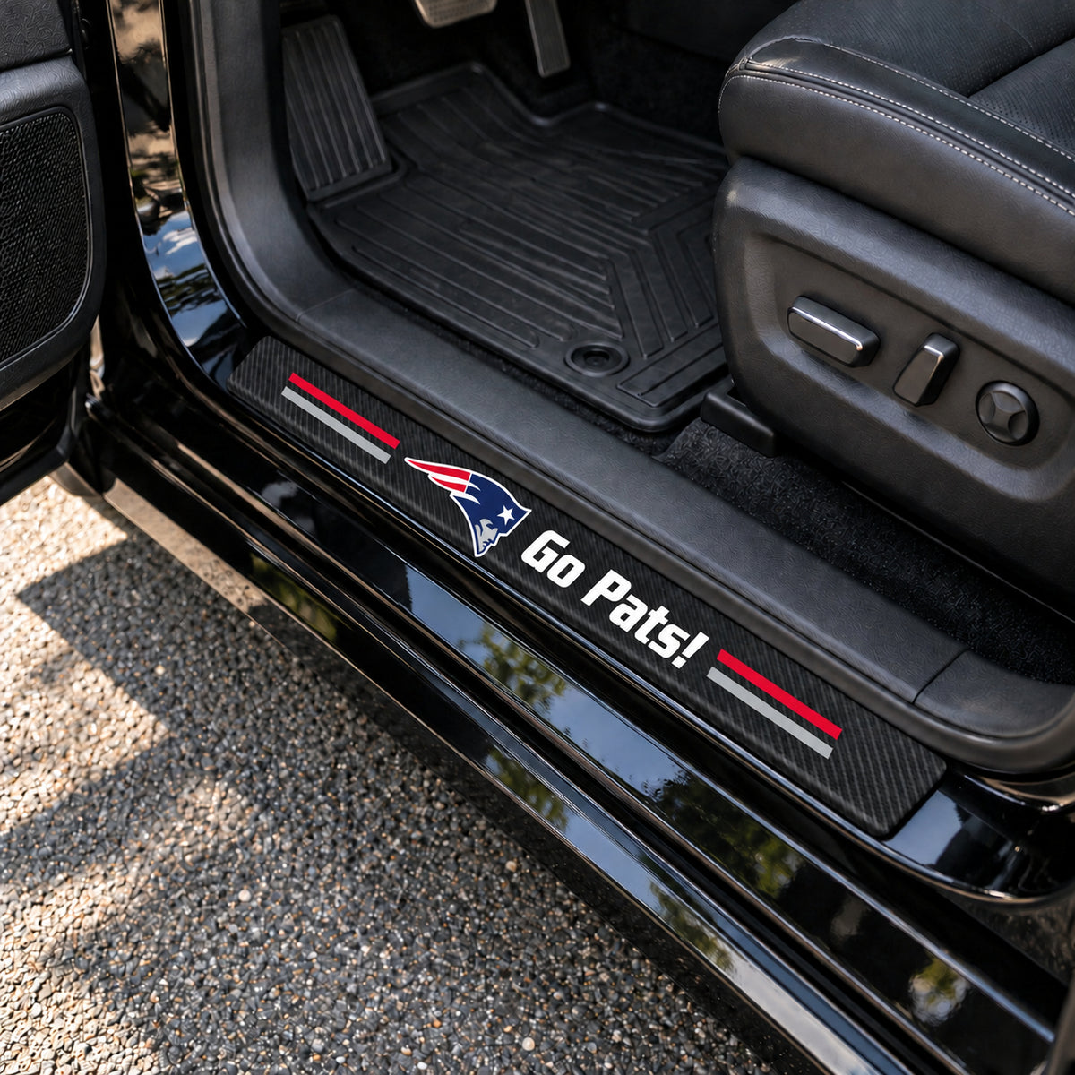 New England Patriots carbon fiber texture car door sill protector strips installed on a black car