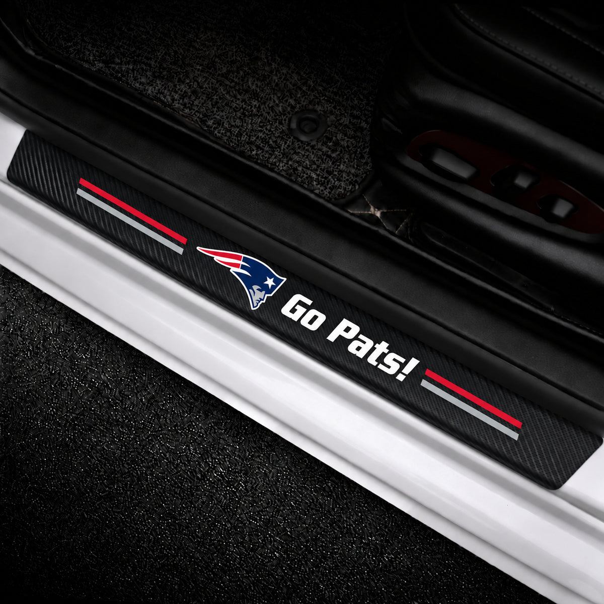 New England Patriots car door sill protector strips — vehicle installation view